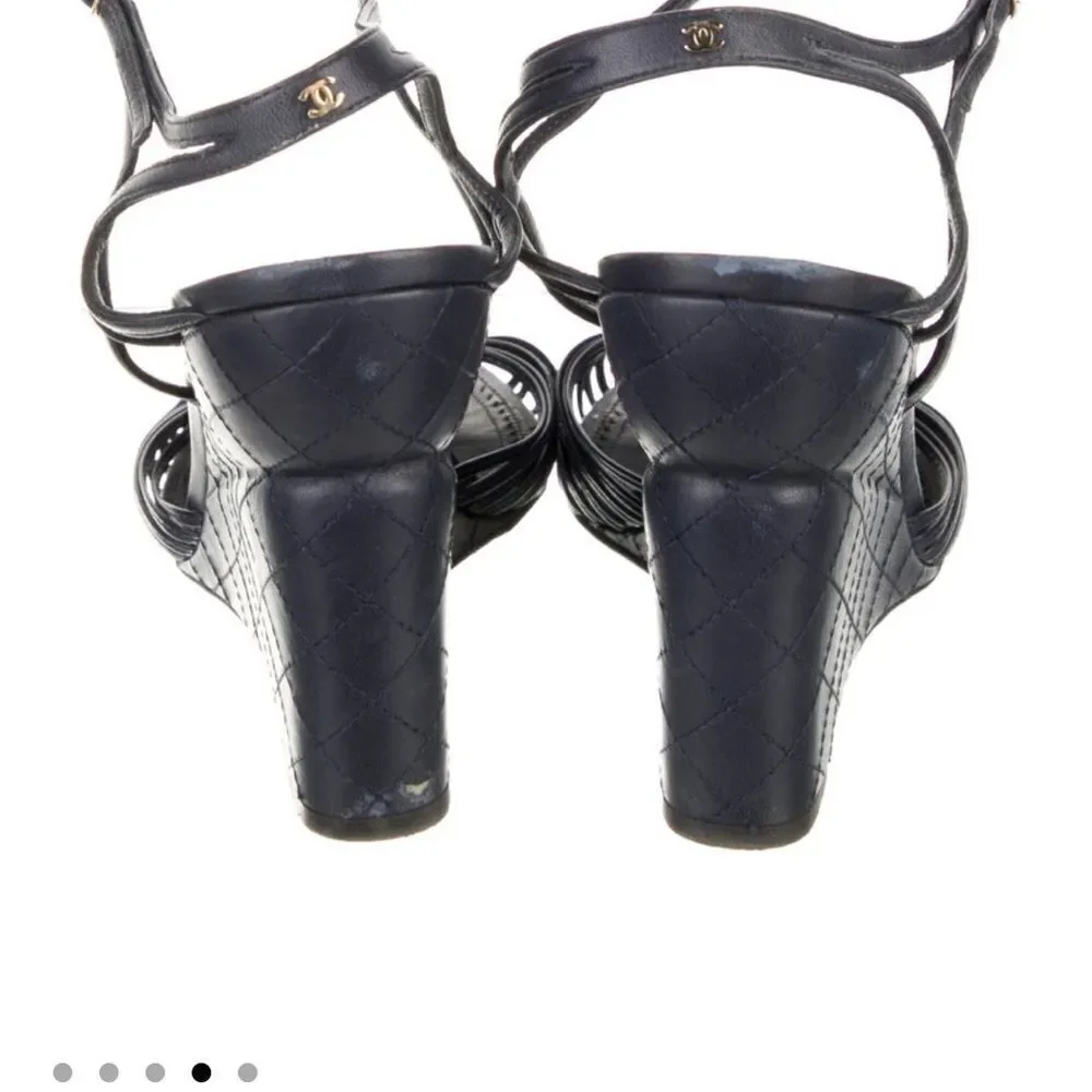 CHANEL Navy/ Black Wedge Sandals with High Heel and Strappy Design Sz 40